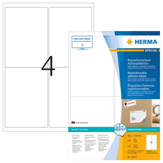 HERMA 10313 Repositionierbare Adressetiketten A4 99,1x139 mm wei