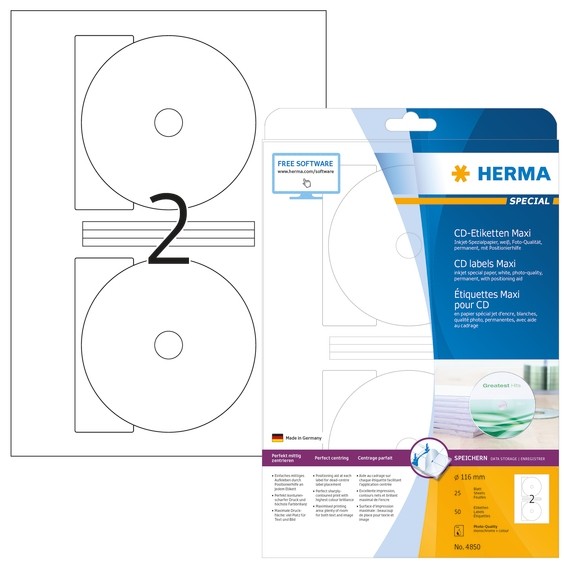 HERMA 4850 Inkjet CD-Etiketten Maxi A4 Ø 116 mm weiß Papier matt