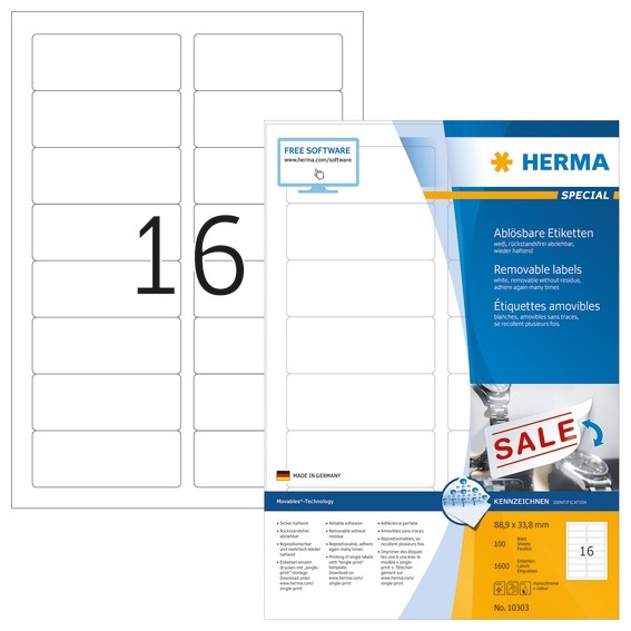 HERMA 10303 Ablösbare Etiketten A4 88,9x33,8 mm weiß Movables/ab