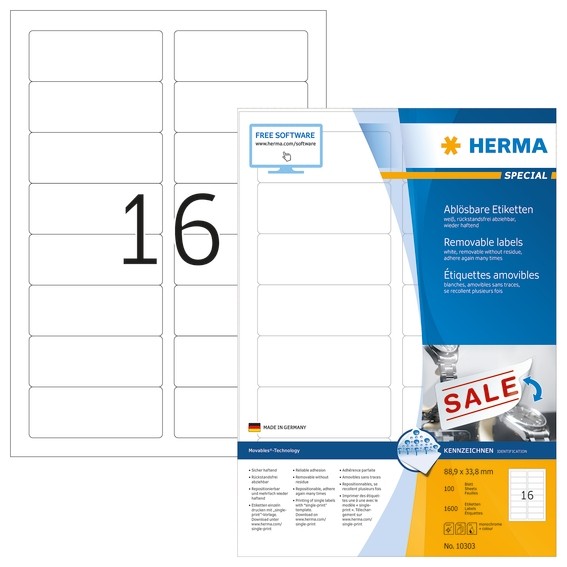 HERMA 10303 Ablösbare Etiketten A4 88,9x33,8 mm weiß Movables/ab