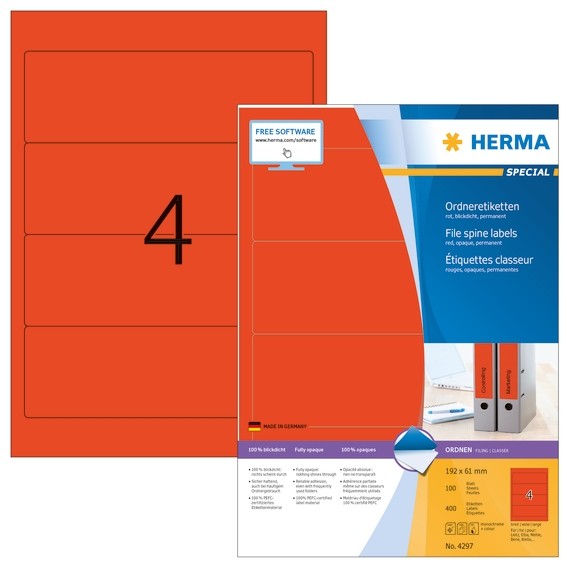 HERMA 4297 Ordneretiketten A4 192x61 mm rot Papier matt blickdic