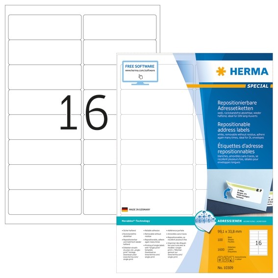 HERMA 10309 Repositionierbare Adressetiketten A4 99,1x33,8 mm we