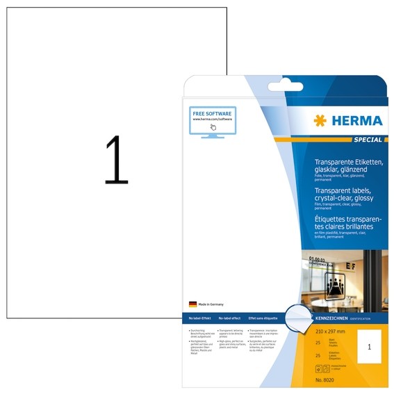 HERMA 8020 Etiketten transparent glasklar A4 210x297 mm transpar