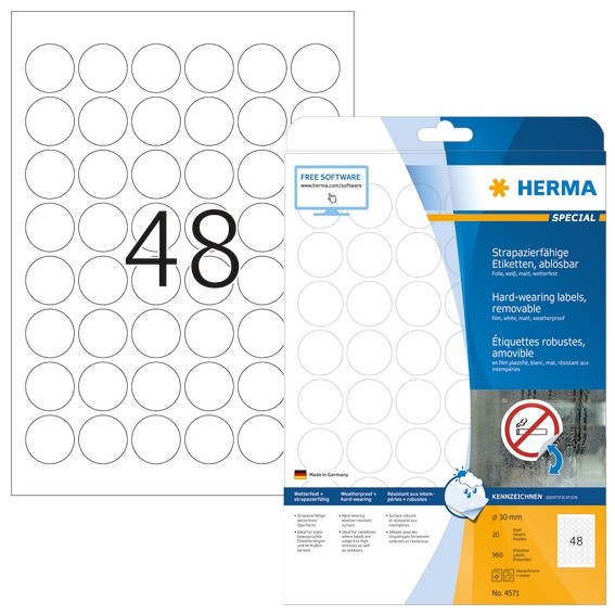 HERMA 4571 Wetterfeste Folien-Etiketten A4 Ø 30 mm ablösbar weiß