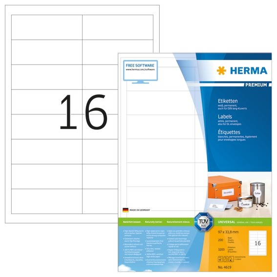 HERMA 4619 Etiketten Premium A4 97x33,8 mm weiß Papier matt 3200