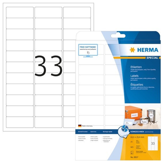 HERMA 8837 Inkjet-Etiketten A4 63,5x25,4 mm weiß Papier matt 825