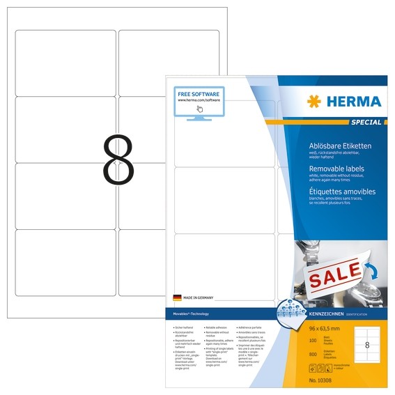 HERMA 10308 Ablösbare Etiketten A4 96x63,5 mm weiß Movables/ablö