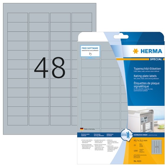 HERMA 4221 Typenschildetiketten A4 45,7x21,2 mm silber extrem st