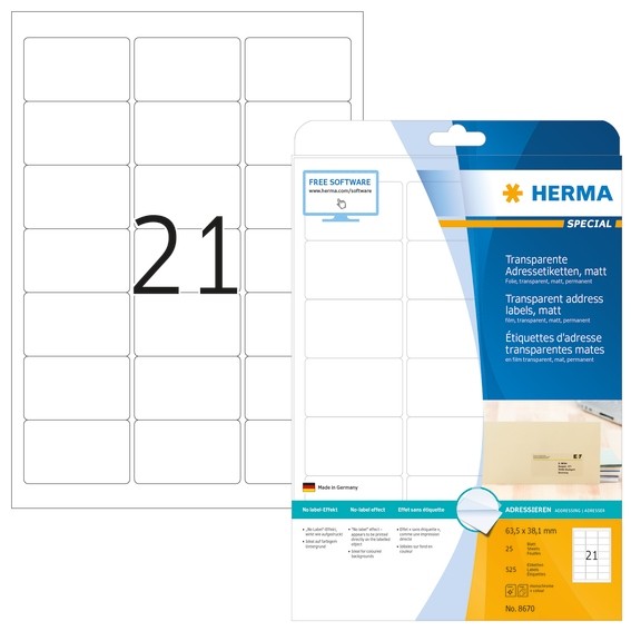 HERMA 8670 Adressetiketten transparent matt A4 63,5x38,1 mm rund