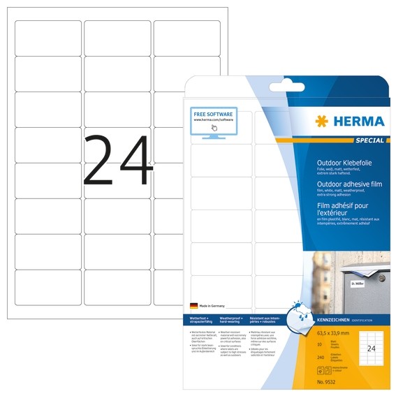 HERMA 9532 Etiketten A4 Outdoor Klebefolie 63,5x33,9 mm weiß ext