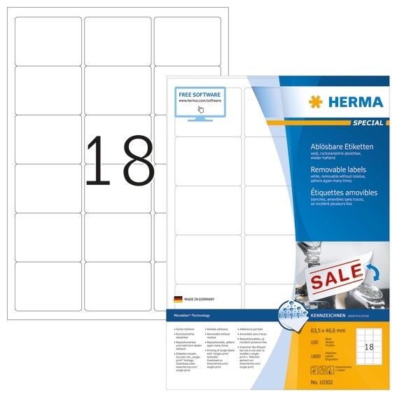 HERMA 10302 Ablösbare Etiketten A4 63,5x46,6 mm weiß Movables/ab