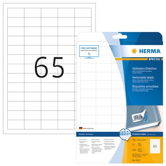HERMA 4212 Ablösbare Etiketten A4 38,1x21,2 mm weiß Movables/abl