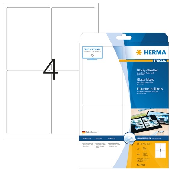 HERMA 4908 Etiketten A4 96x139,7 mm weiß Papier glänzend 100 St.