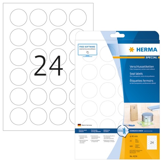 HERMA 4236 Verschlussetiketten A4 transparent Ø 40 mm rund extre