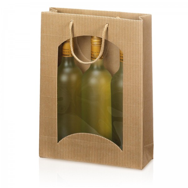 Tragetasche Geschenktüte für 3 Flaschen 250x85x360 mm offene Welle Fenster Natur