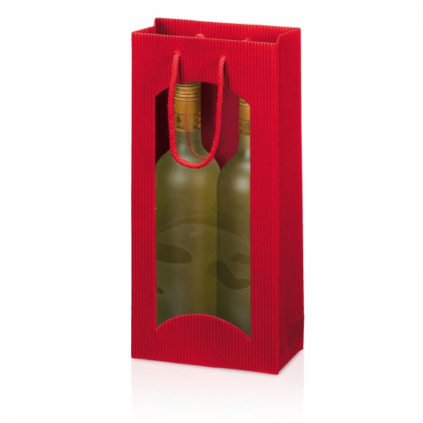 Tragetasche Geschenktüte für 2 Flaschen 170x85x360 mm offene Welle Fenster Rot