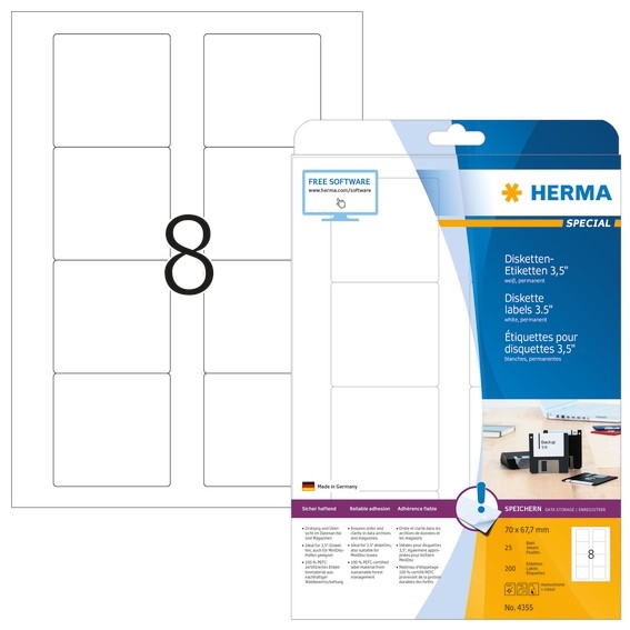 HERMA 4355 Disketten-Etiketten A4 70x67,7 mm weiß Papier matt 20