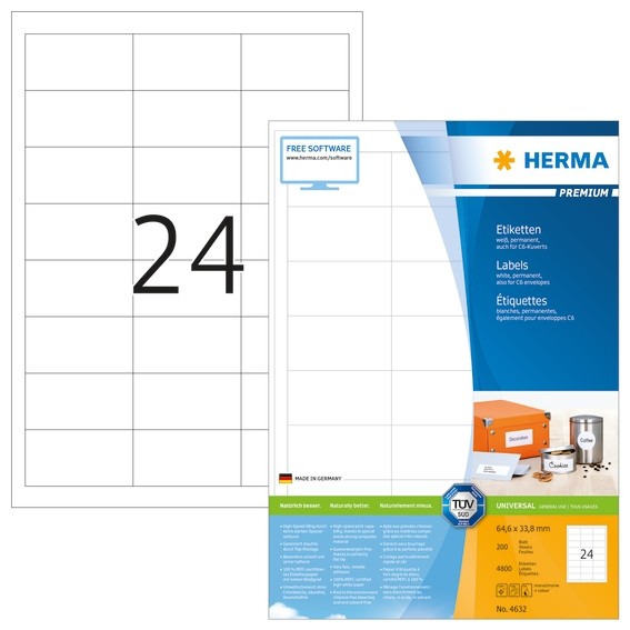 HERMA 4632 Etiketten Premium A4 64,6x33,8 mm weiß Papier matt 48