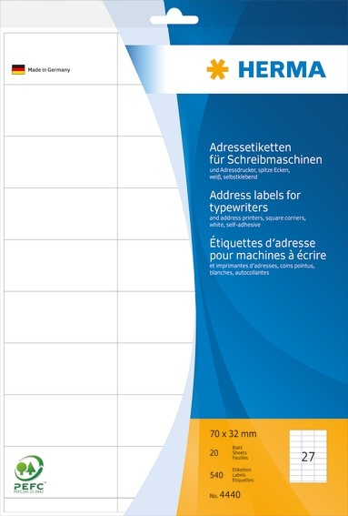 HERMA 4440 Adressetiketten für Schreibmaschinen A4 70x32 mm Papi