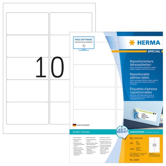 HERMA 10307 Repositionierbare Adressetiketten A4 96x50,8 mm weiß