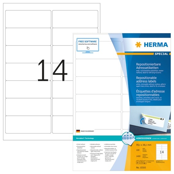 HERMA 10310 Repositionierbare Adressetiketten A4 99,1x38,1 mm we