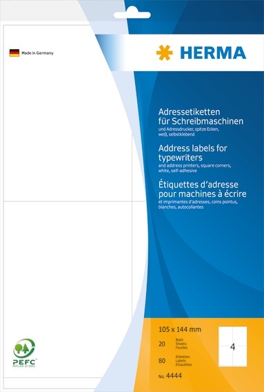 HERMA 4444 Adressetiketten für Schreibmaschinen A4 105x144 mm Pa