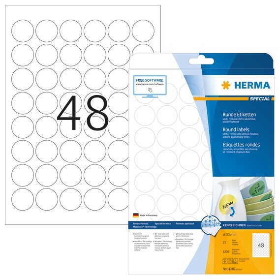 HERMA 4387 Ablösbare Etiketten A4 Ø 30 mm rund weiß Movables/abl