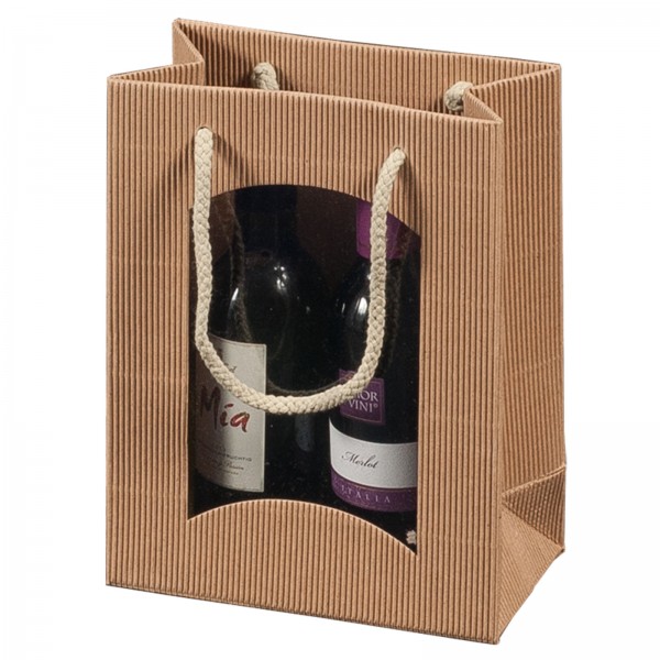 Geschenk-Flaschentasche für 2 Piccolo-Weinflaschen mit Sichtfenster Natur