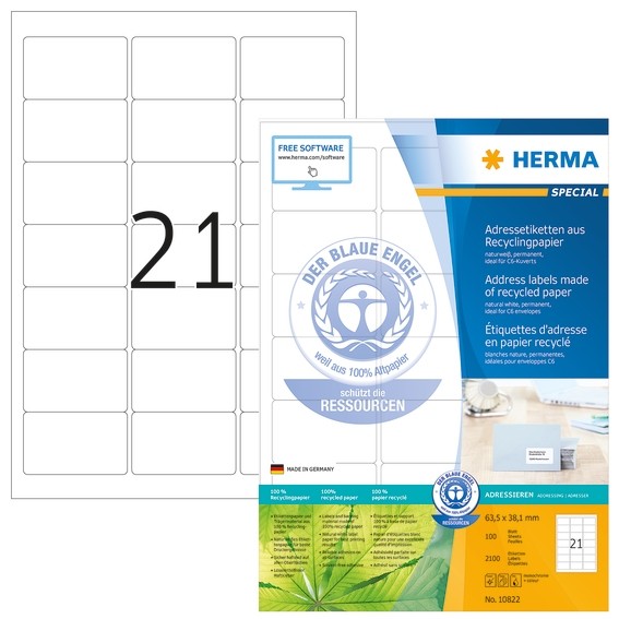 HERMA 10822 Adressetiketten A4 63,5x38,1 mm weiß Recyclingpapier