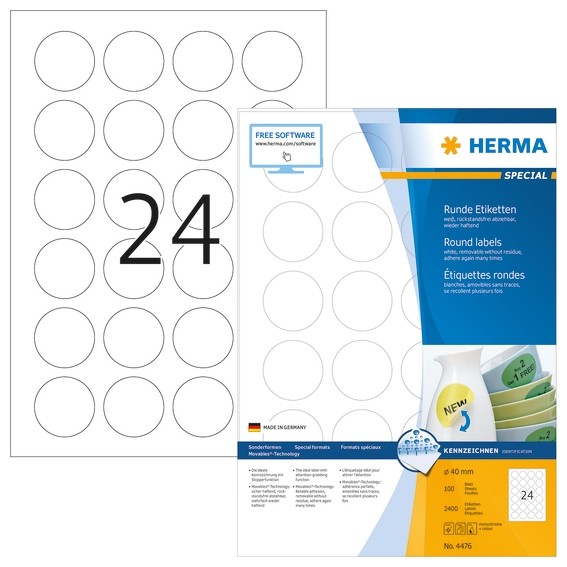 HERMA 4476 Ablösbare Etiketten A4 Ø 40 mm rund weiß Movables/abl