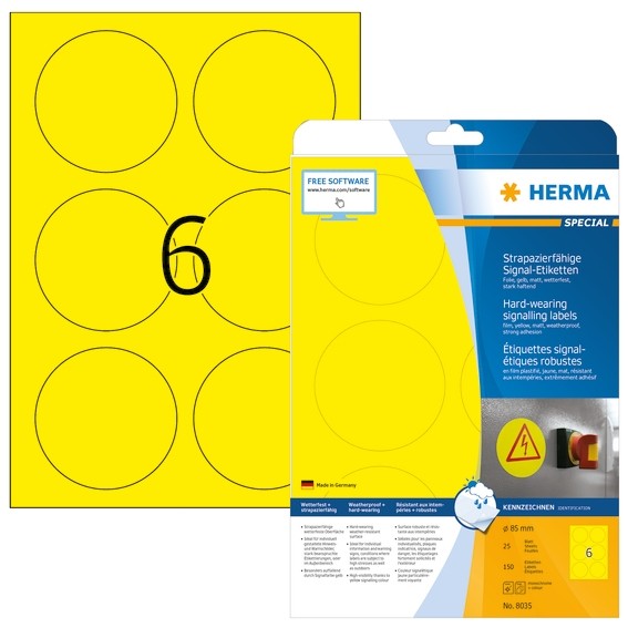 HERMA 8035 Signal-Schilder strapazierfähig A4 Ø 85 mm rund gelb