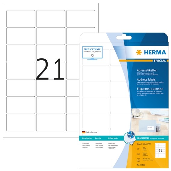 HERMA 8838 Inkjet Adressetiketten A4 63,5x38,1 mm weiß Papier ma