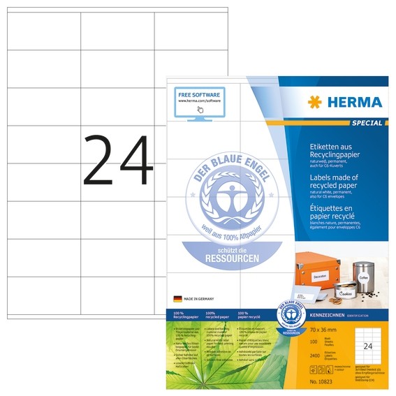 HERMA 10823 Etiketten A4 70x36 mm weiß Recyclingpapier matt Blau