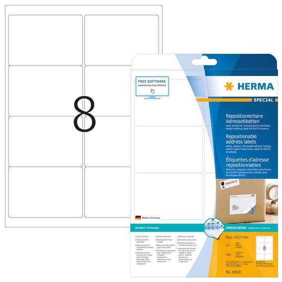 HERMA 10018 Repositionierbare Adressetiketten A4 99,1x67,7 mm we