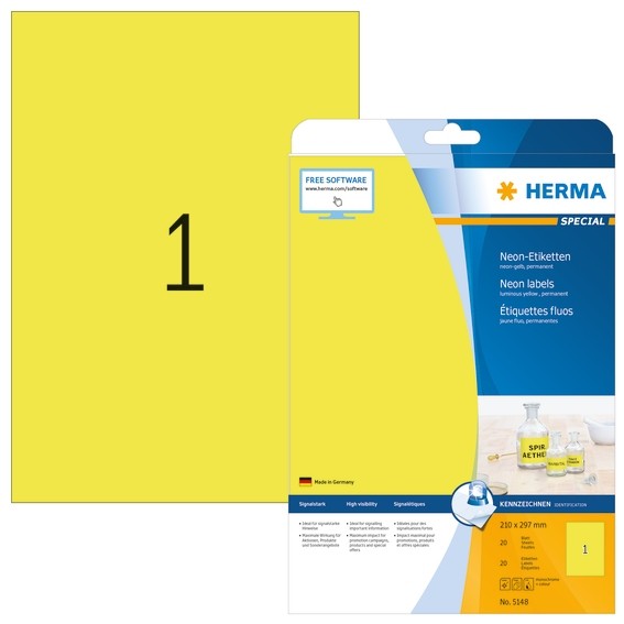 HERMA 5148 Neonetiketten A4 210x297 mm neon-gelb Papier matt 20