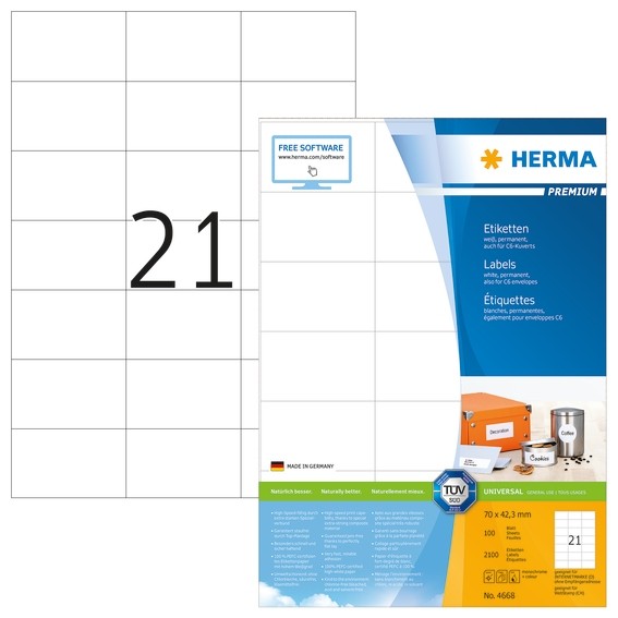 HERMA 4668 Etiketten Premium A4 70x42,3 mm weiß Papier matt 2100