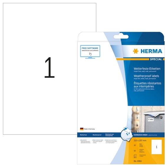 HERMA 4866 Inkjet-Etiketten A4 210x297 mm weiß Folie matt wetter