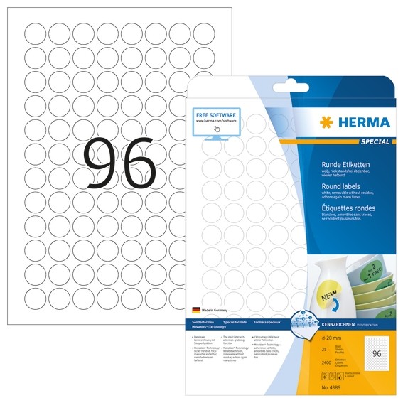 HERMA 4386 Ablösbare Etiketten A4 Ø 20 mm rund weiß Movables/abl