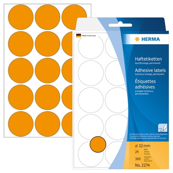 HERMA 2274 Vielzwecketiketten/Farbpunkte Ø 32 mm rund leuchtoran