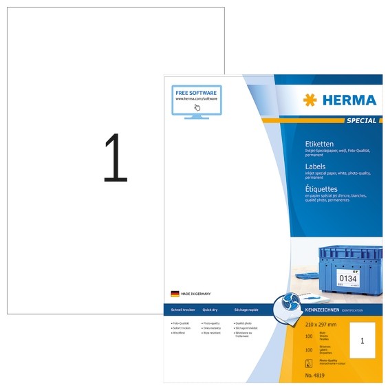 HERMA 4819 Inkjet-Etiketten A4 210x297 mm weiß Papier matt 100 S