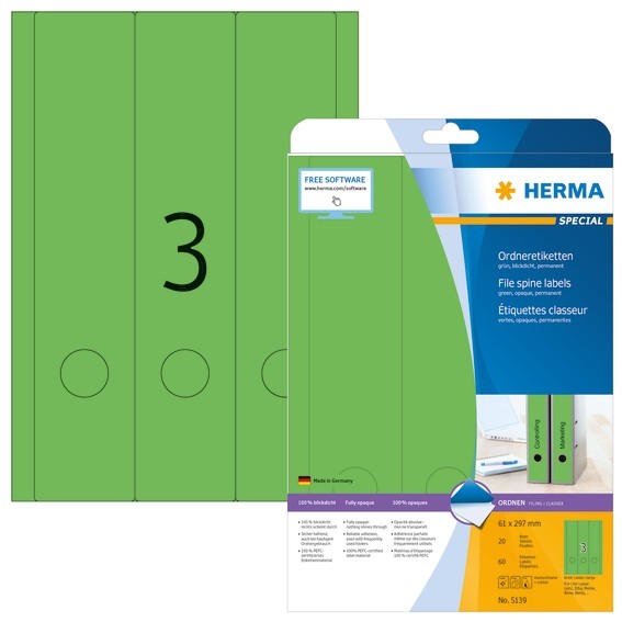 HERMA 5139 Ordneretiketten A4 61x297 mm grün Papier matt blickdi