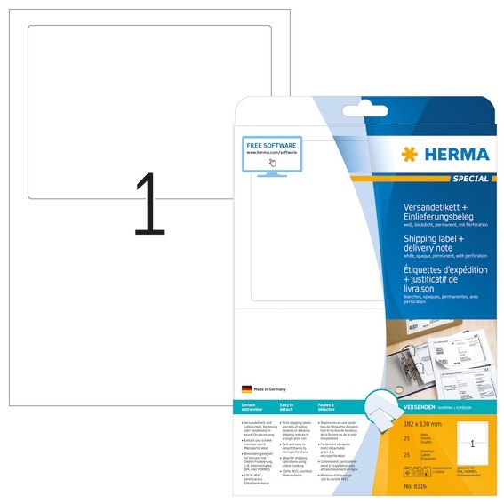 HERMA 8316 Versandetikett + Einlieferungsbeleg A4 182x130 mm wei