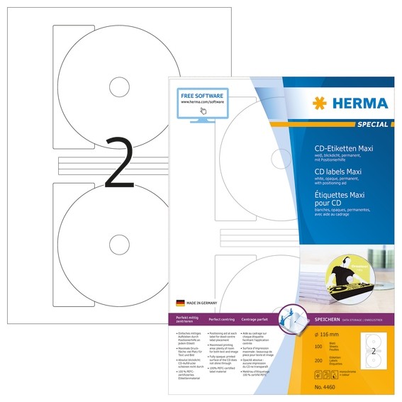 HERMA 4460 CD-Etiketten Maxi A4 Ø 116 mm weiß Papier matt blickd