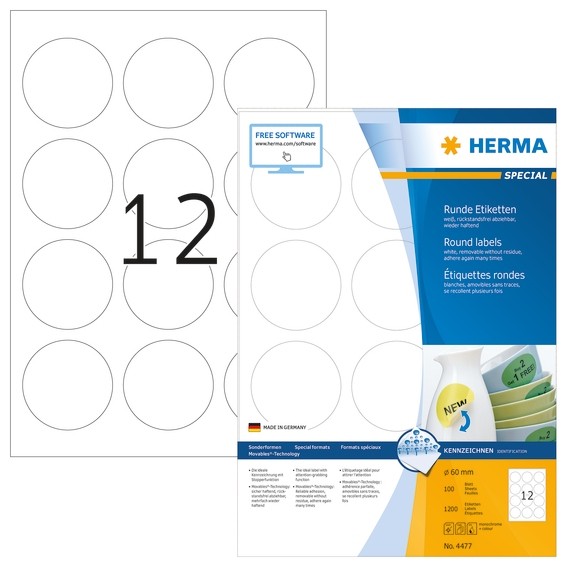 HERMA 4477 Ablösbare Etiketten A4 Ø 60 mm rund weiß Movables/abl