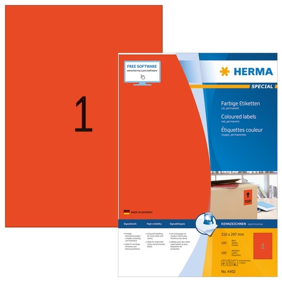 HERMA 4402 Farbige Etiketten A4 210x297 mm rot Papier matt 100 S