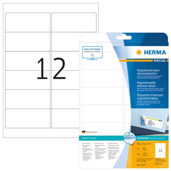 HERMA 10017 Repositionierbare Adressetiketten A4 99,1x42,3 mm we