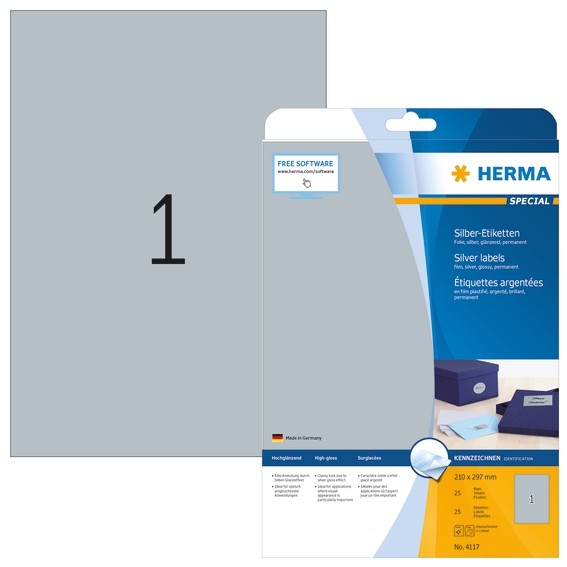 HERMA 4117 Etiketten A4 210x297 mm silber Folie glänzend 25 St.