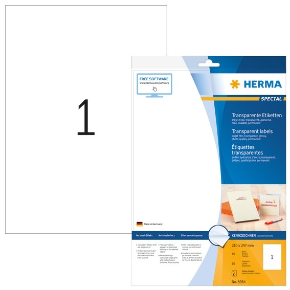 HERMA 8964 Inkjet Folien-Etiketten transparent A4 210x297 mm Fol