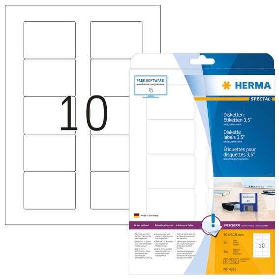 HERMA 4353 Disketten-Etiketten A4 70x50,8 mm weiß Papier matt 25