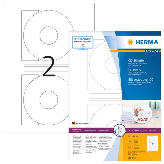 HERMA 4471 CD-Etiketten A4 Ø 116 mm weiß Papier matt blickdicht